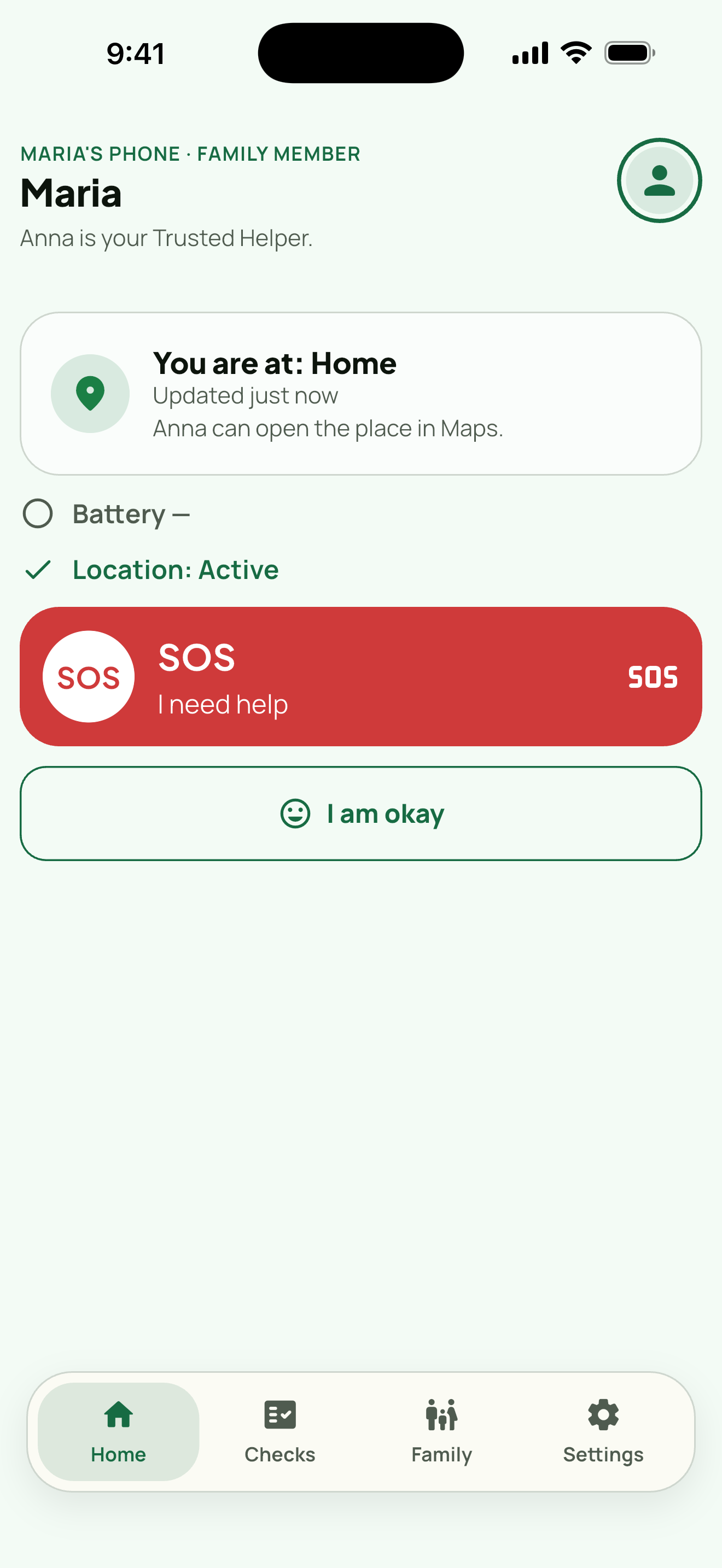 The family member's own screen — what is shared is visible to them too.